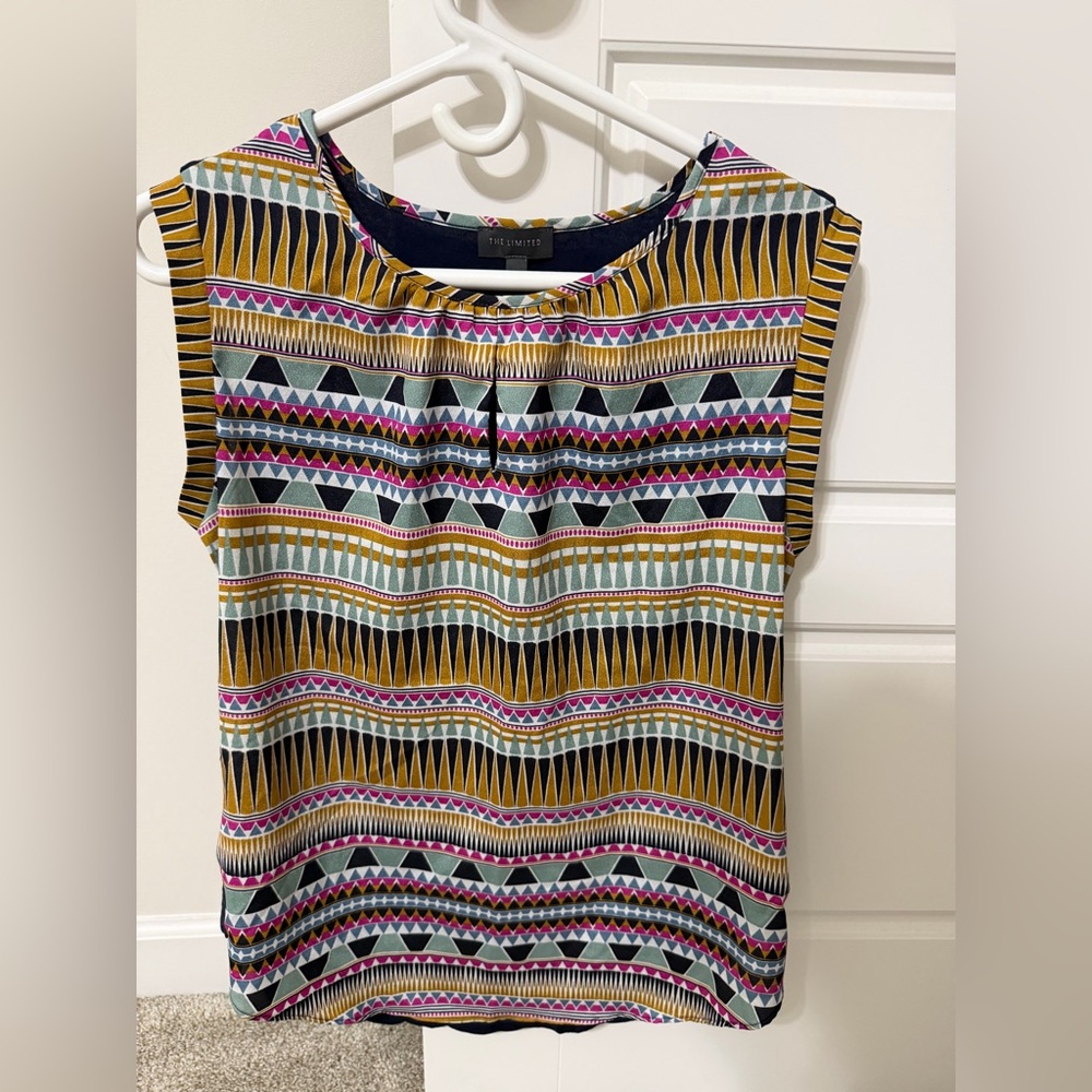 The Limited Multicolor Geometric Cap Sleeve Top - Mustard/Black/Pink/Blue